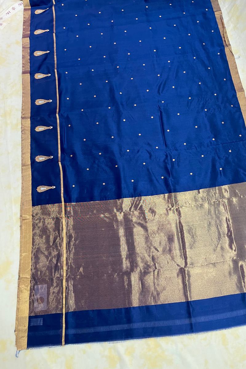 HOV Handloom Chanderi Silk Saree - Border Paisley Buta - Dark Blue - 54-03-04