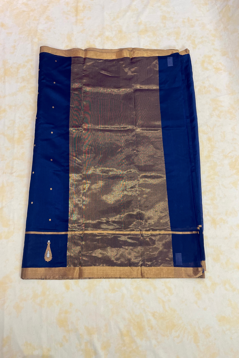 HOV Handloom Chanderi Silk Saree - Border Paisley Buta - Dark Blue - 54-03-04