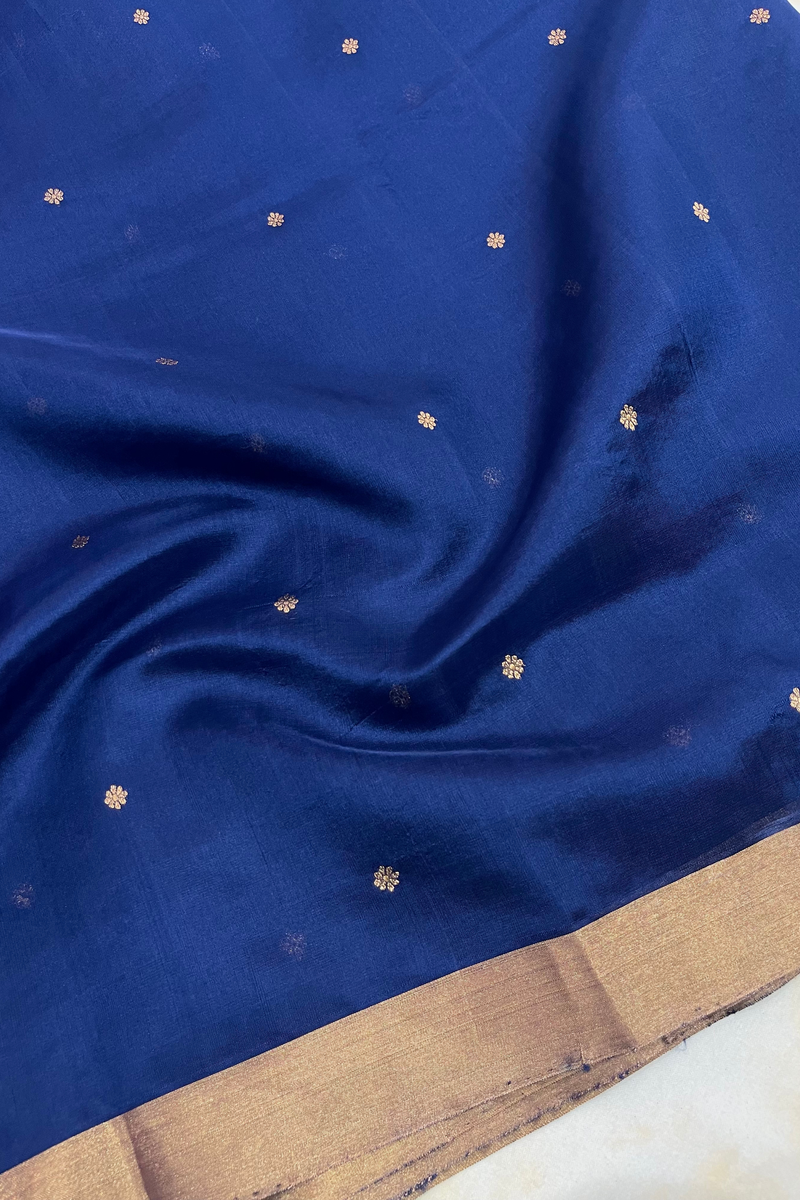 HOV Handloom Chanderi Silk Saree - Border Paisley Buta - Dark Blue - 54-03-04