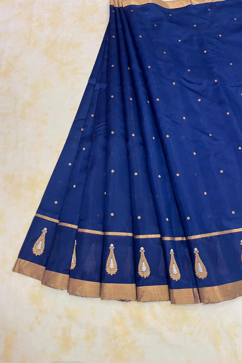 HOV Handloom Chanderi Silk Saree - Border Paisley Buta - Dark Blue - 54-03-04