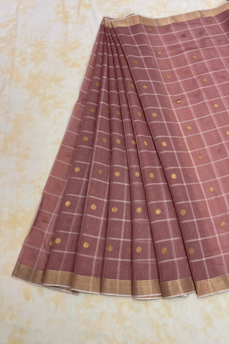 HOV Handloom Chanderi Cotton Silk Saree - Checks With Round Buta - 029-02