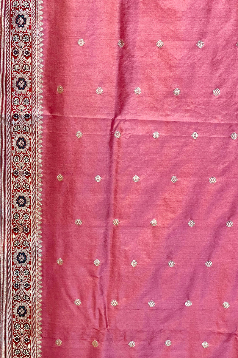 Real Zari Handloom Kadhua Banarasi Shalu Silk Satin Saree - Small Border - Sangita - All Gold Zari - Peach Red