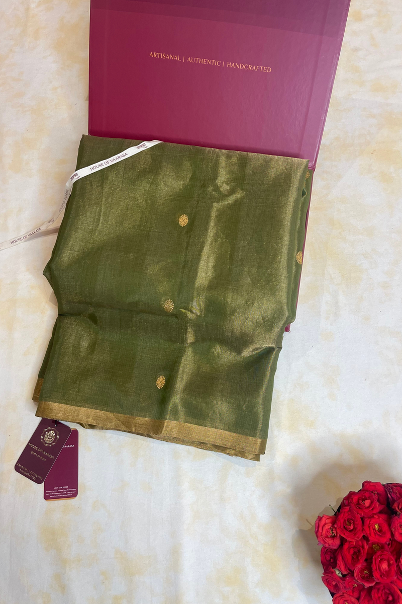 HOV Handloom Chanderi Half Tissue Saree - Round Buta - 003-02 - Green