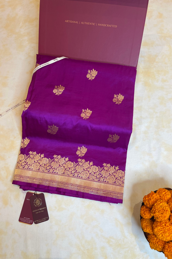 HOV Handloom Banarasi Katan Silk Saree - Butidar Kadhua -Small Rose Border Purple - 062