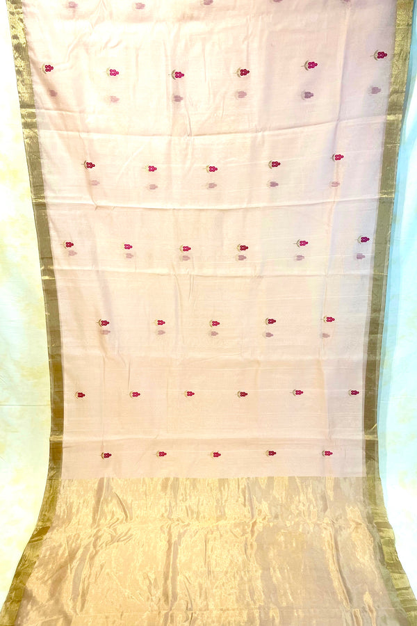 Handloom Silk Cotton Chanderi Saree - Marigold Buta - Peach