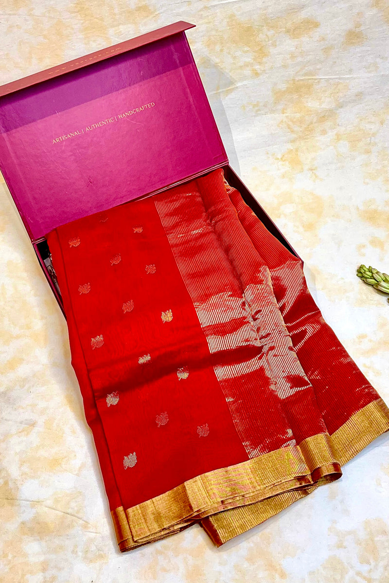 Handloom Chanderi Half Tissue Checks Pallu - Orange