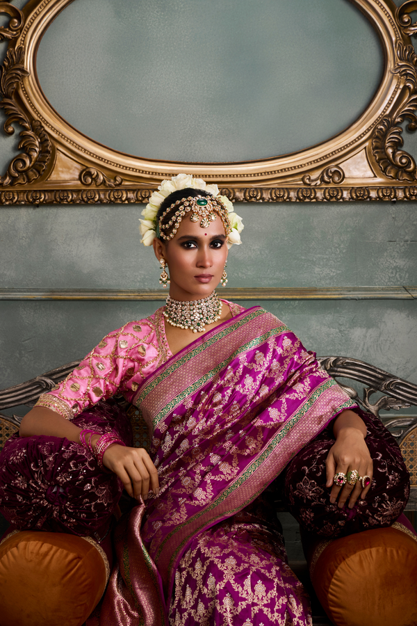 HOV Handloom Pure Zari Banarasi Katan Silk Saree - Jaangla - Purple Green All Over Design - 082