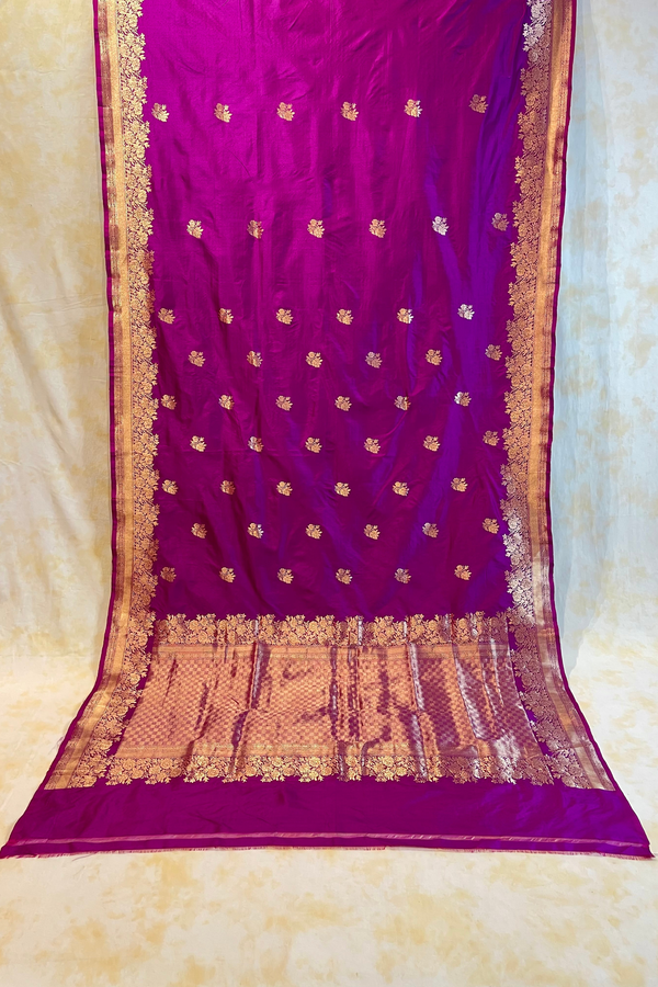 HOV Handloom Banarasi Katan Silk Saree - Butidar Kadhua -Small Rose Border Purple - 062