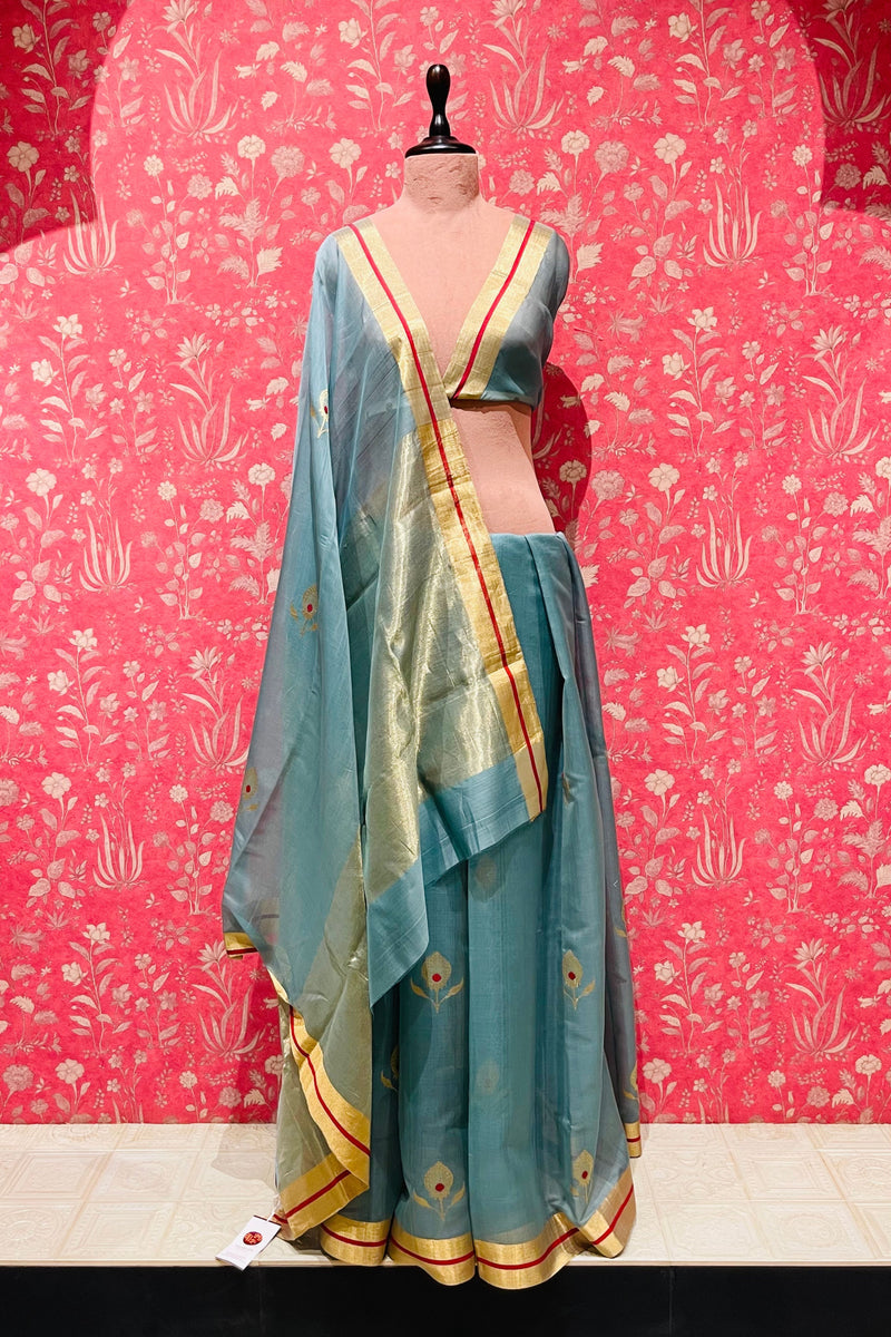 Handloom Chanderi Cotton Silk Saree-Peacock Feather -Powder Blue