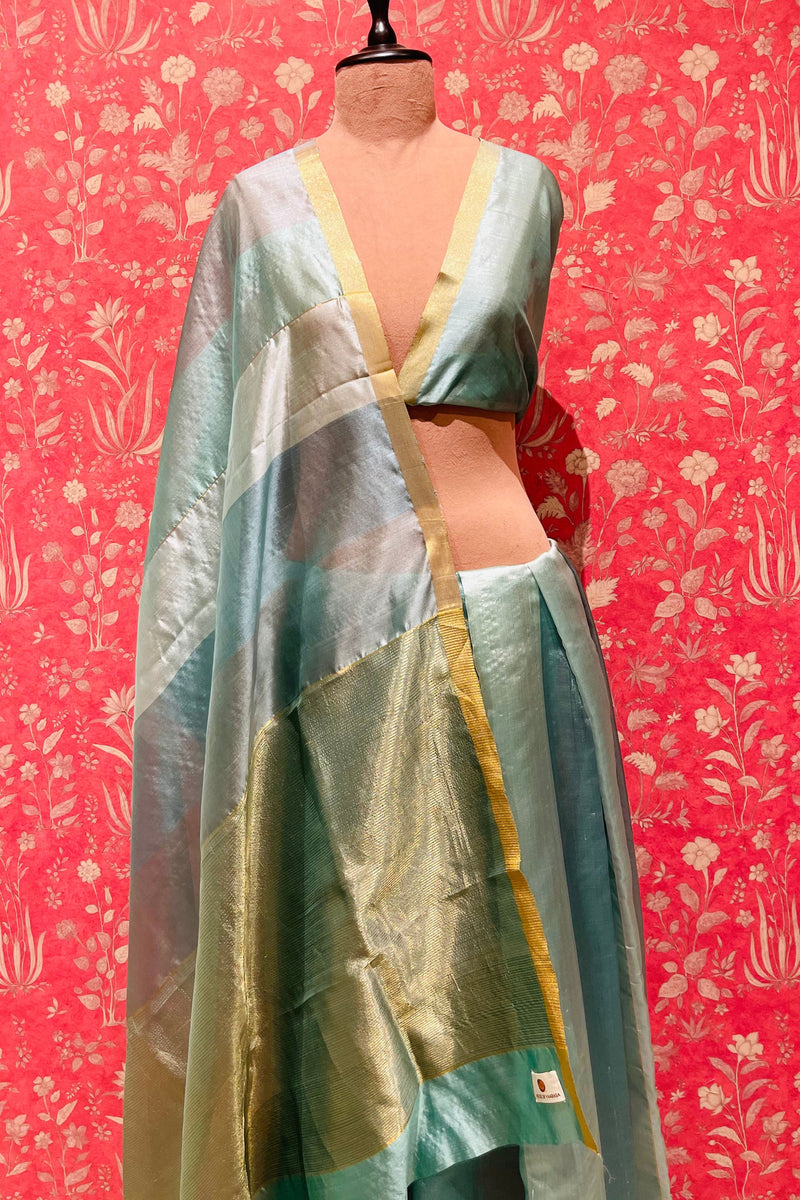 Handloom Chanderi Cotton Silk Saree-Peacock Feather -Powder Blue