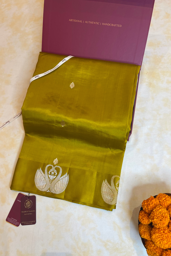 HOV Handloom Banarasi Katan Silk Saree - Butidar Kadhua - Dove Border- Mehendi Gold-  060