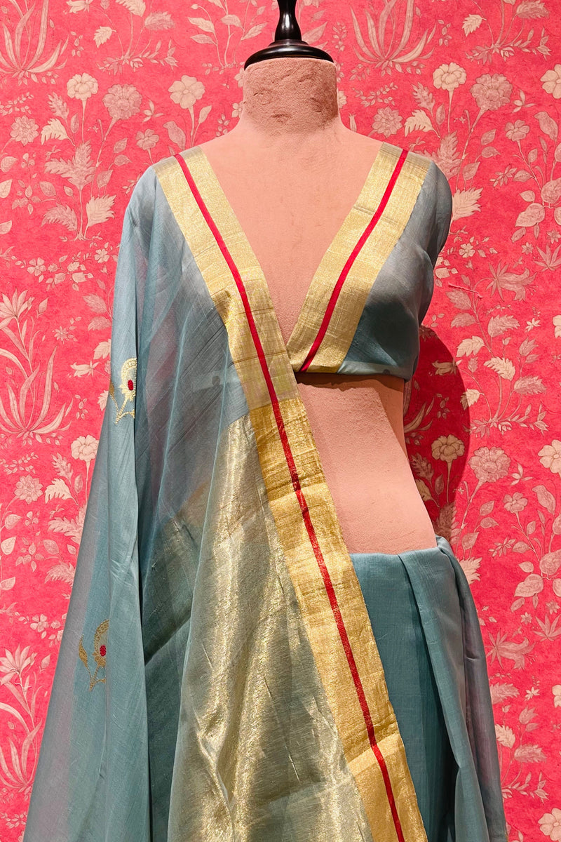 Handloom Chanderi Cotton Silk Saree-Peacock Feather -Powder Blue