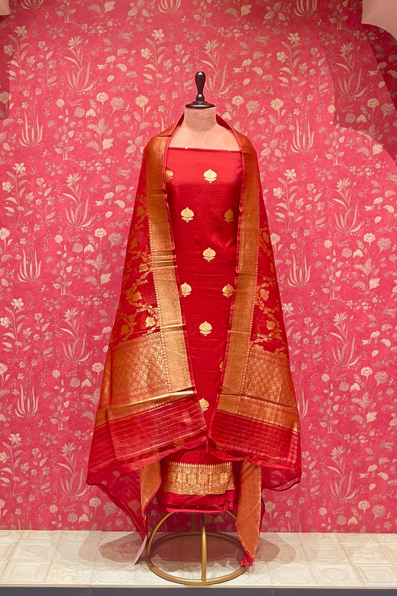 Handloom Kora Silk Suit Set - Vermillion Red