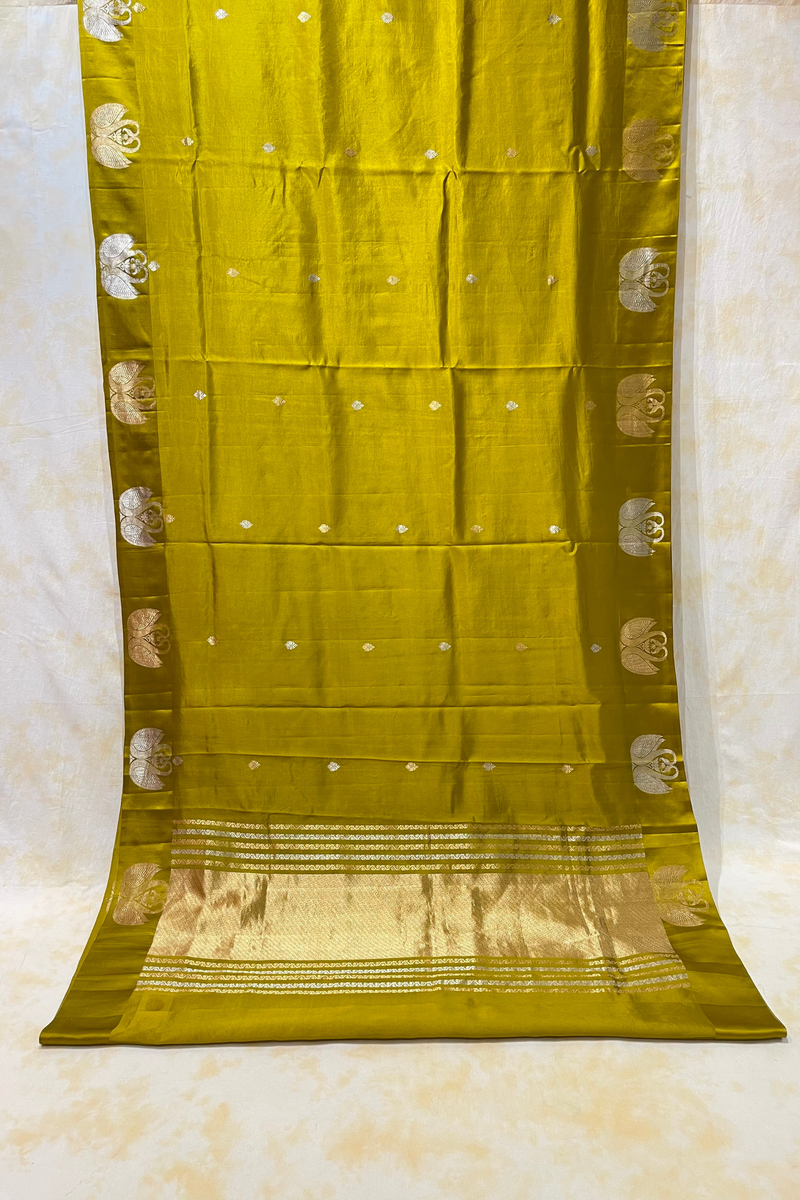 HOV Handloom Banarasi Katan Silk Saree - Butidar Kadhua - Dove Border- Mehendi Gold-  060