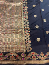 Handloom Kadhua Banarasi Silk Saree - Scallop Border Minedar - Black