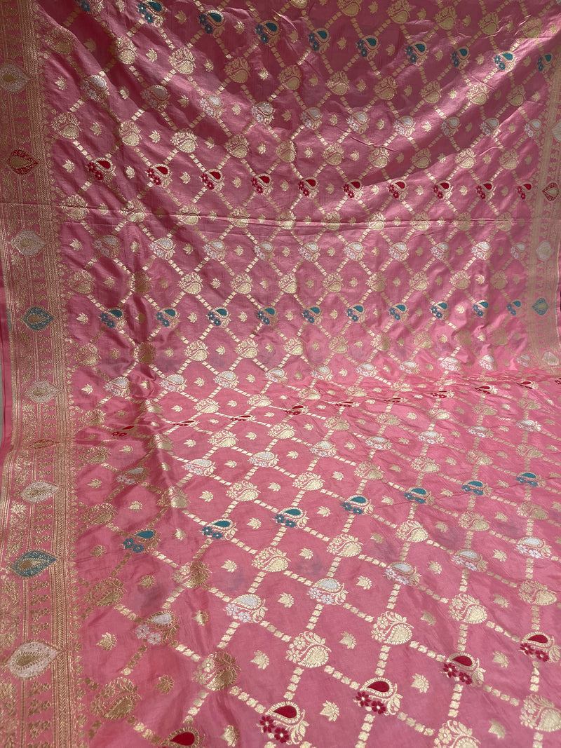 Handloom Kadhua Banarasi Silk Saree - Jaal Minedar - Aboli Pink