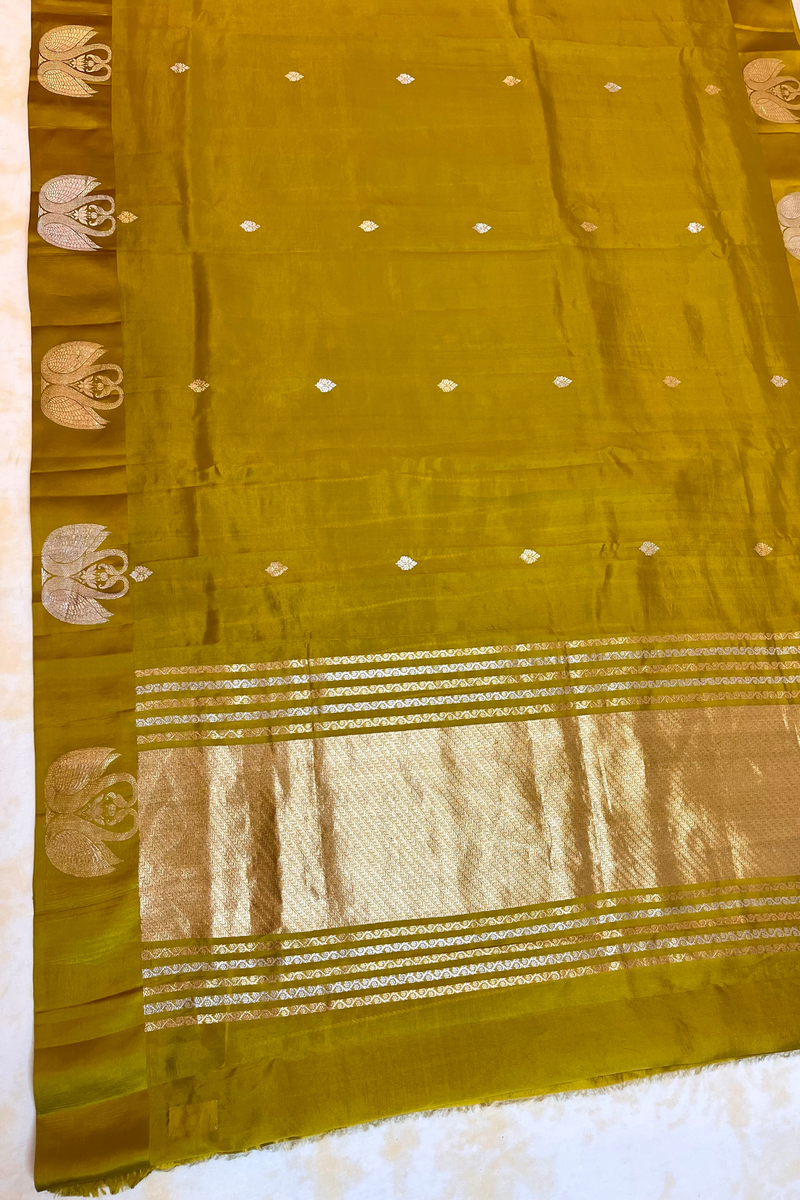 HOV Handloom Banarasi Katan Silk Saree - Butidar Kadhua - Dove Border- Mehendi Gold-  060