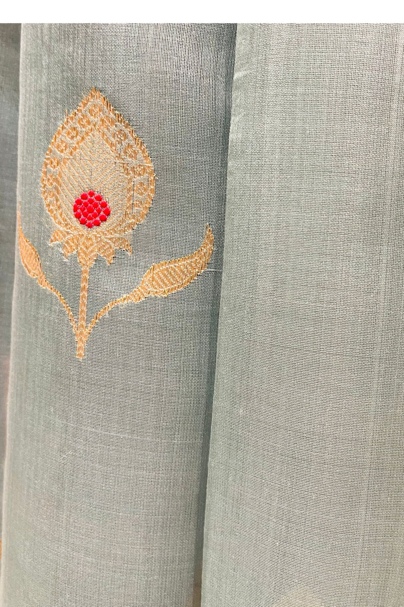 Handloom Chanderi Cotton Silk Saree-Peacock Feather -Powder Blue