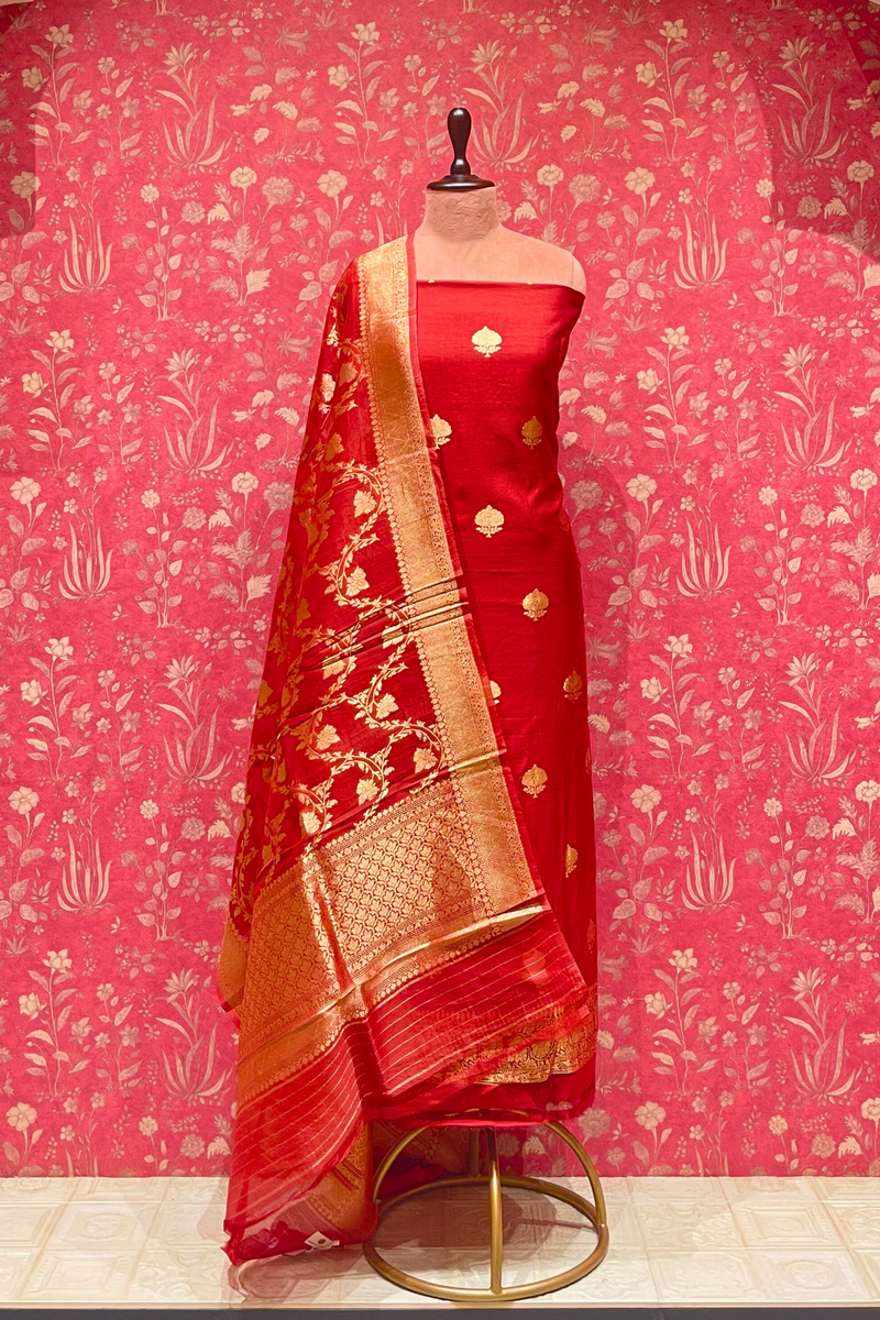 Handloom Kora Silk Suit Set - Vermillion Red