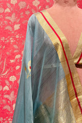 Handloom Chanderi Cotton Silk Saree-Peacock Feather -Powder Blue