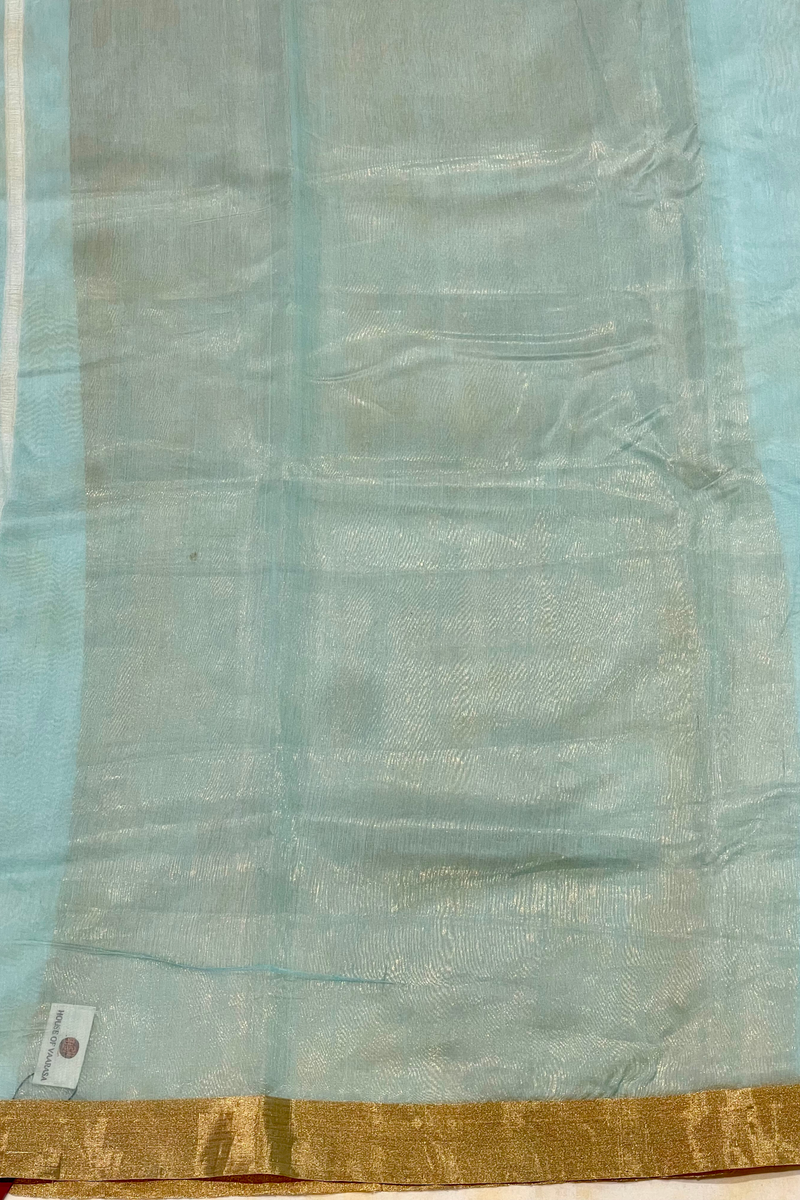 Handloom Silk Cotton Chanderi Saree - Marigold Buta - Light Blue