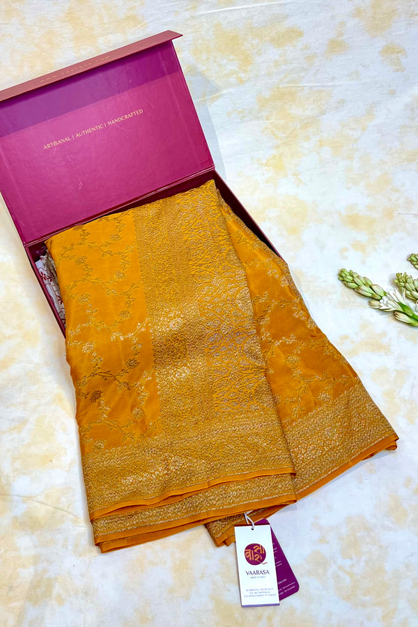 Handloom Fekua Banarasi Crepe Silk Saree - Jaal - Yellow