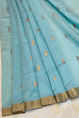 Handloom Silk Cotton Chanderi Saree - Marigold Buta - Light Blue