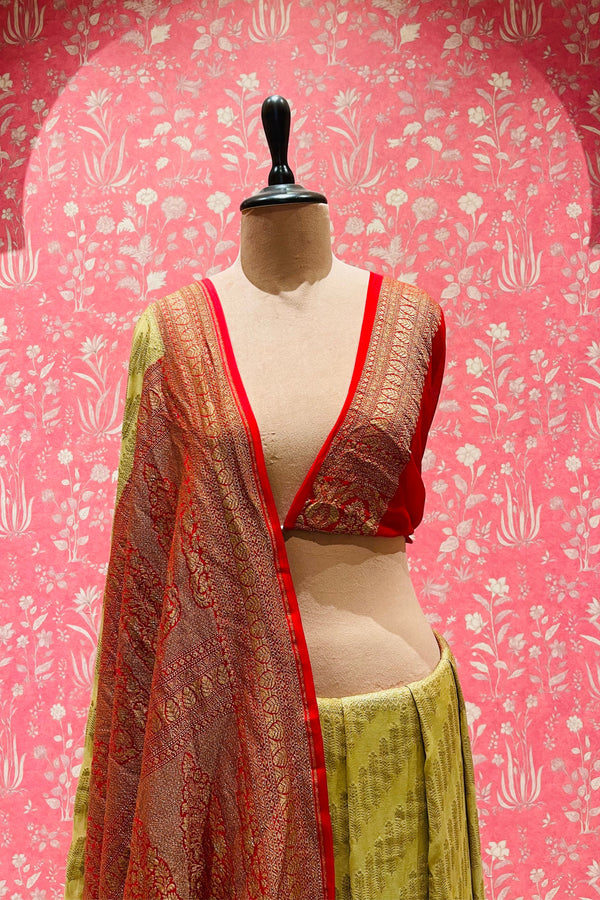 Handloom Georgette Banarasi Silk Saree - Striped - Beige Red