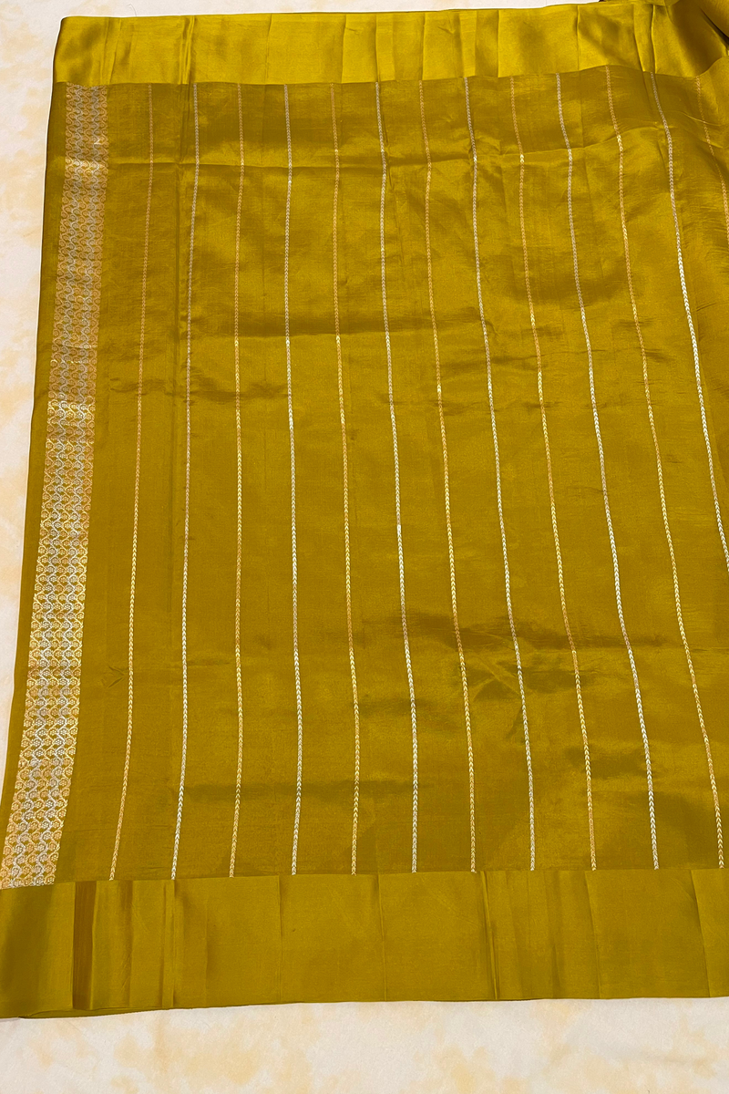 HOV Handloom Banarasi Katan Silk Saree - Butidar Kadhua - Dove Border- Mehendi Gold-  060