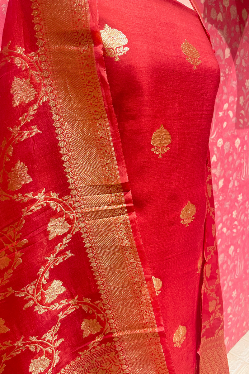 Handloom Kora Silk Suit Set - Vermillion Red