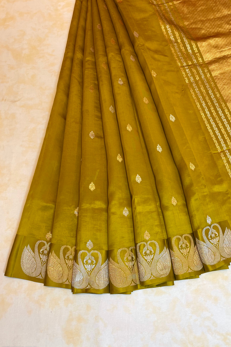HOV Handloom Banarasi Katan Silk Saree - Butidar Kadhua - Dove Border- Mehendi Gold-  060