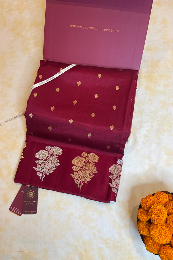 HOV Handloom Banarasi Katan Silk Saree - Butidar Kadhua - Big Rose Buta - Deep Red - 059