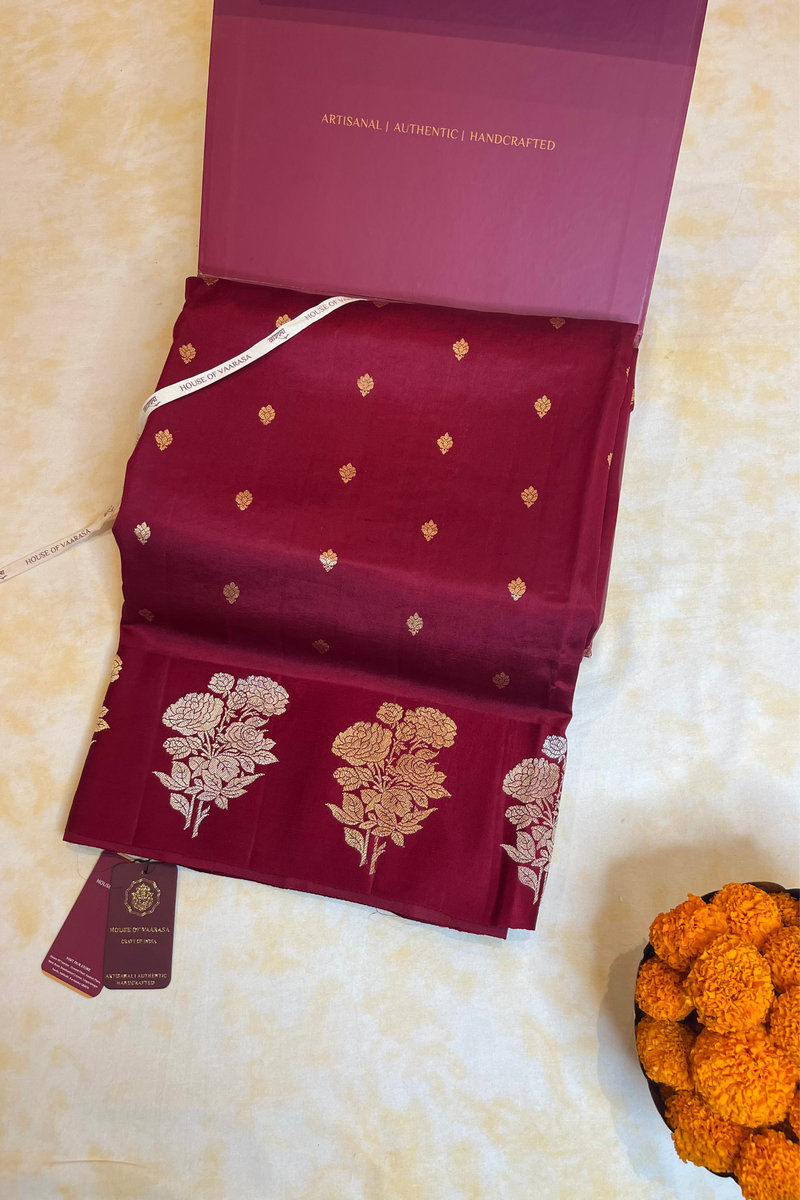 HOV Handloom Banarasi Katan Silk Saree - Butidar Kadhua - Big Rose Buta - Deep Red - 059