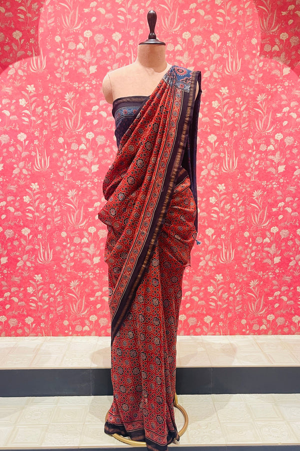 Ajrakh Mul Cotton Saree-Red