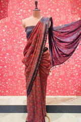 Ajrakh Mul Cotton Saree-Red