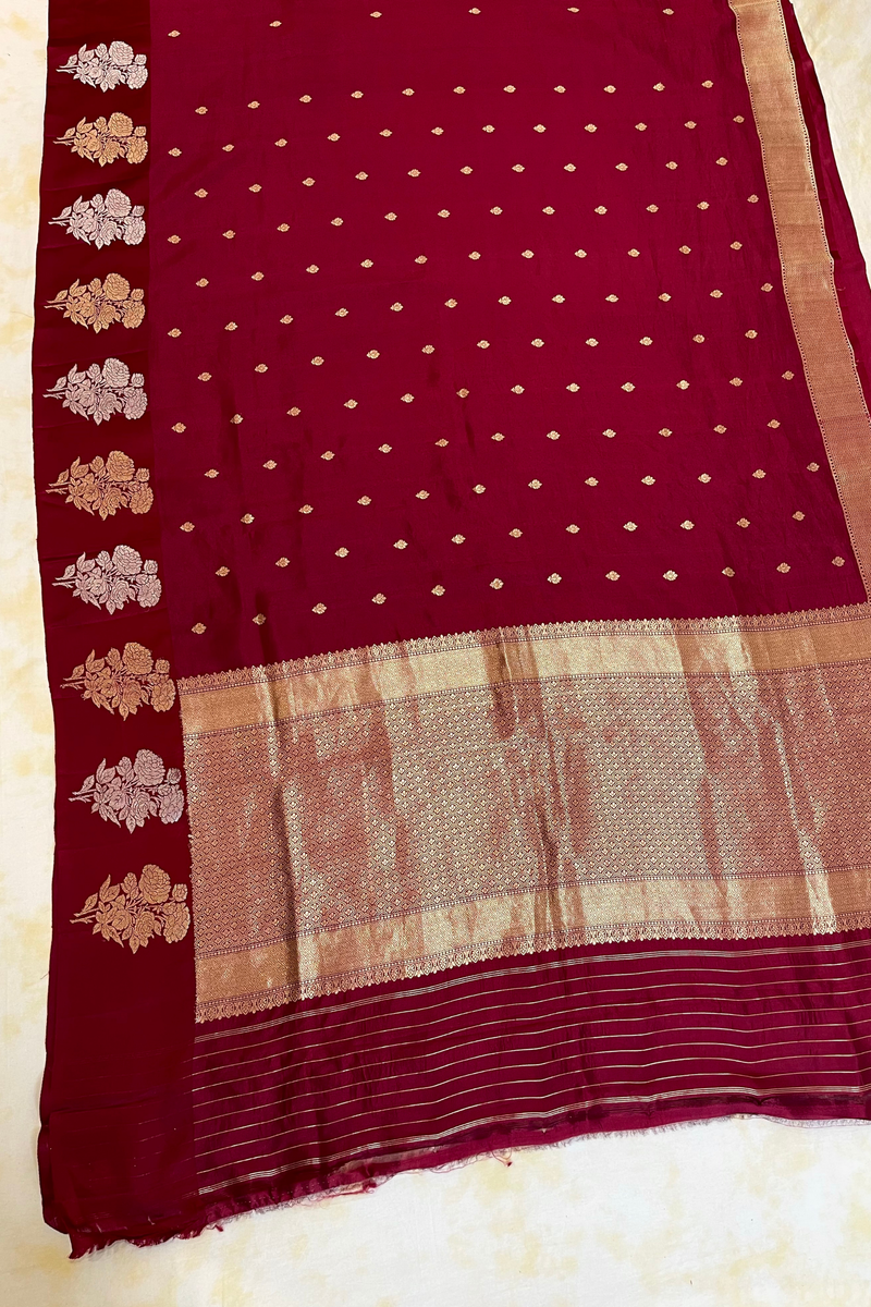 HOV Handloom Banarasi Katan Silk Saree - Butidar Kadhua - Big Rose Buta - Deep Red - 059