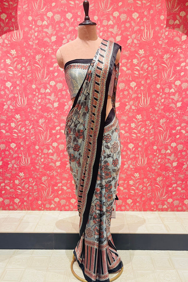 Ajrakh Modal Silk Saree With Zari Pallu