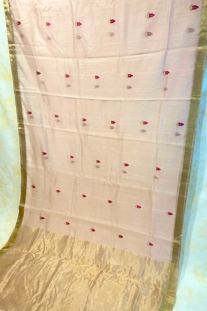 Handloom Silk Cotton Chanderi Saree - Marigold Buta - Peach