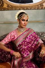 HOV Handloom Pure Zari Banarasi Katan Silk Saree - Jaangla - Purple Green All Over Design - 082