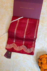 HOV Handloom Banarasi Katan Silk Saree - Butidar Kadhua - Scallop Border Stripe Red- 065