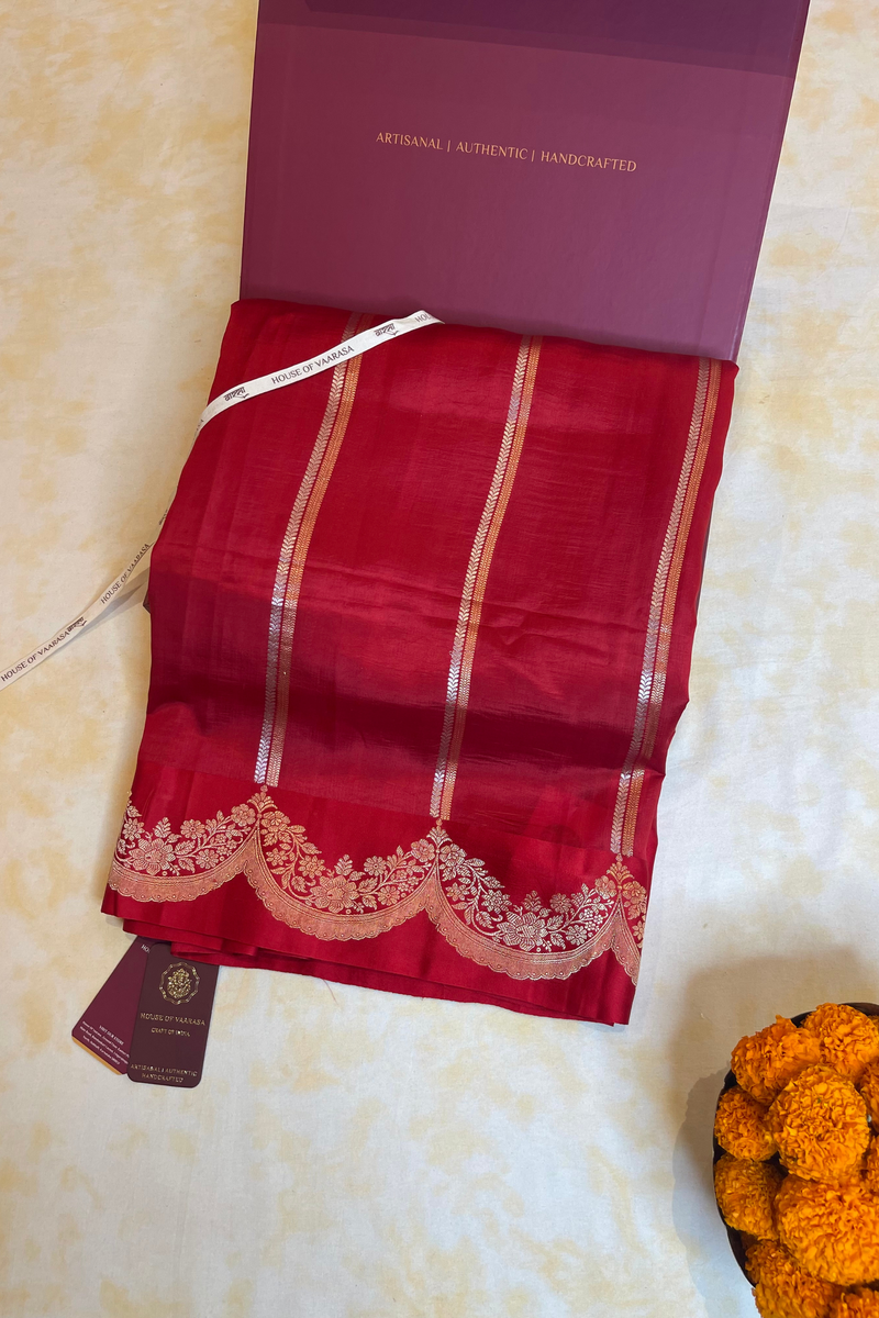HOV Handloom Banarasi Katan Silk Saree - Butidar Kadhua - Scallop Border Stripe Red- 065