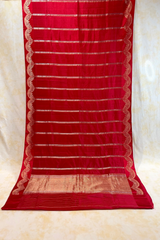 HOV Handloom Banarasi Katan Silk Saree - Butidar Kadhua - Scallop Border Stripe Red- 065