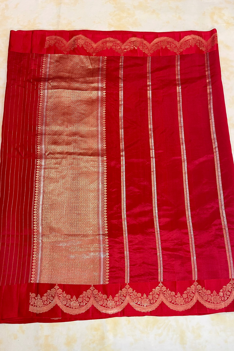 HOV Handloom Banarasi Katan Silk Saree - Butidar Kadhua - Scallop Border Stripe Red- 065