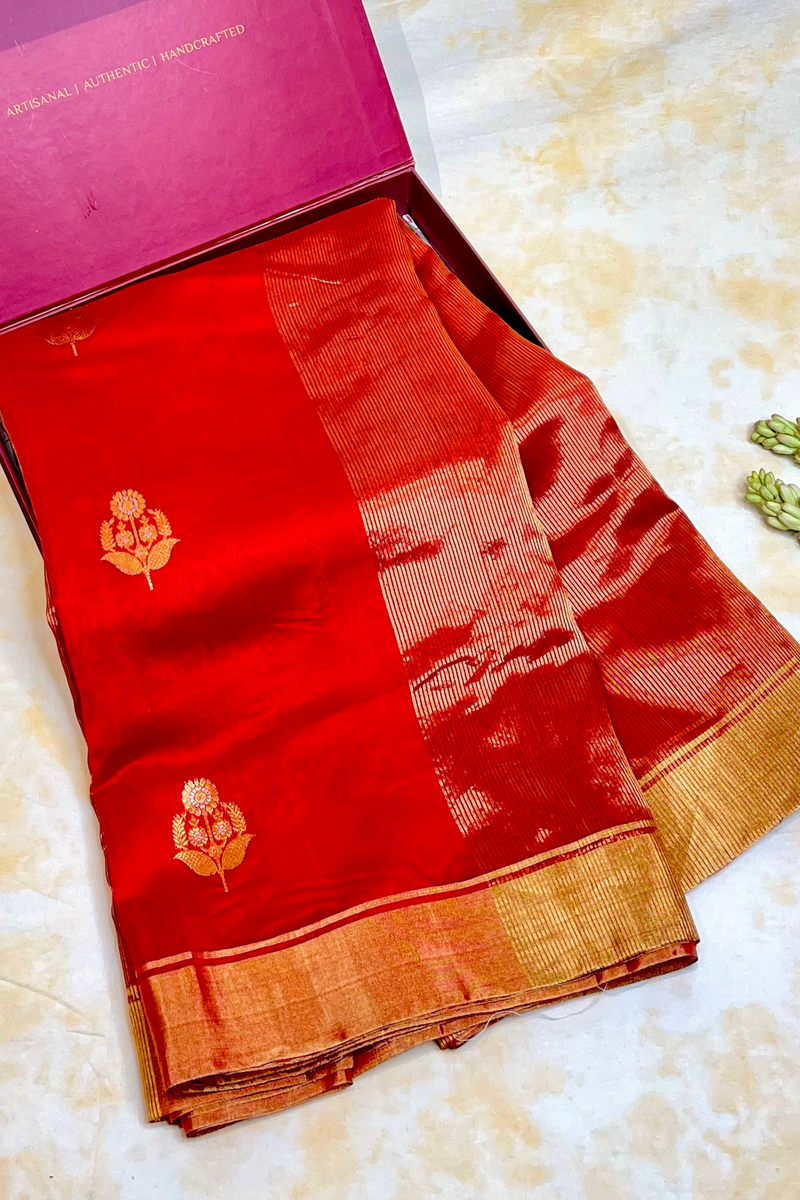 Handloom Silk Cotton Chanderi Saree - Sunflower Buta - Red