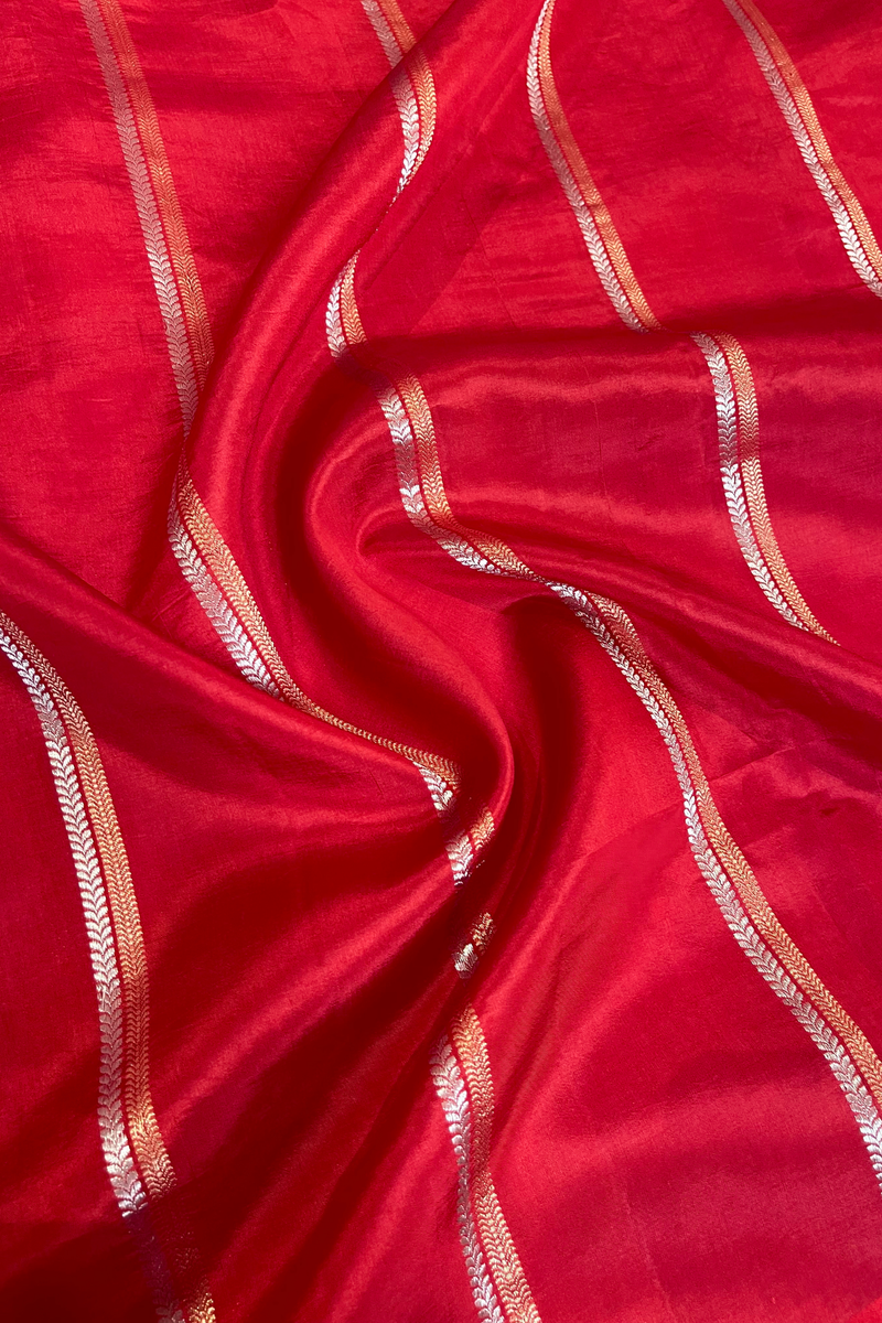 HOV Handloom Banarasi Katan Silk Saree - Butidar Kadhua - Scallop Border Stripe Red- 065