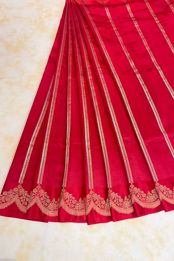 HOV Handloom Banarasi Katan Silk Saree - Butidar Kadhua - Scallop Border Stripe Red- 065