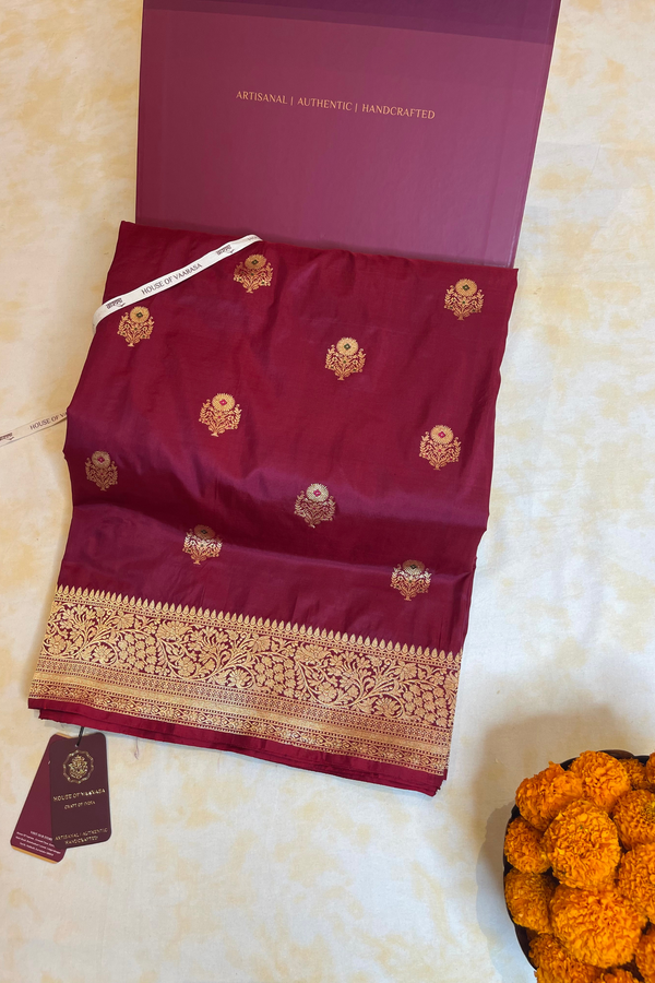 HOV Handloom Banarasi Katan Silk Saree - Butidar Kadhua - Deep Brown Minakari Green Pink- 061
