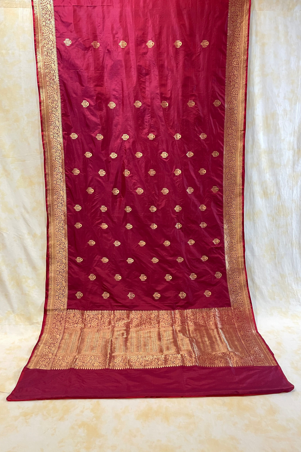 HOV Handloom Banarasi Katan Silk Saree - Butidar Kadhua - Deep Brown Minakari Green Pink- 061