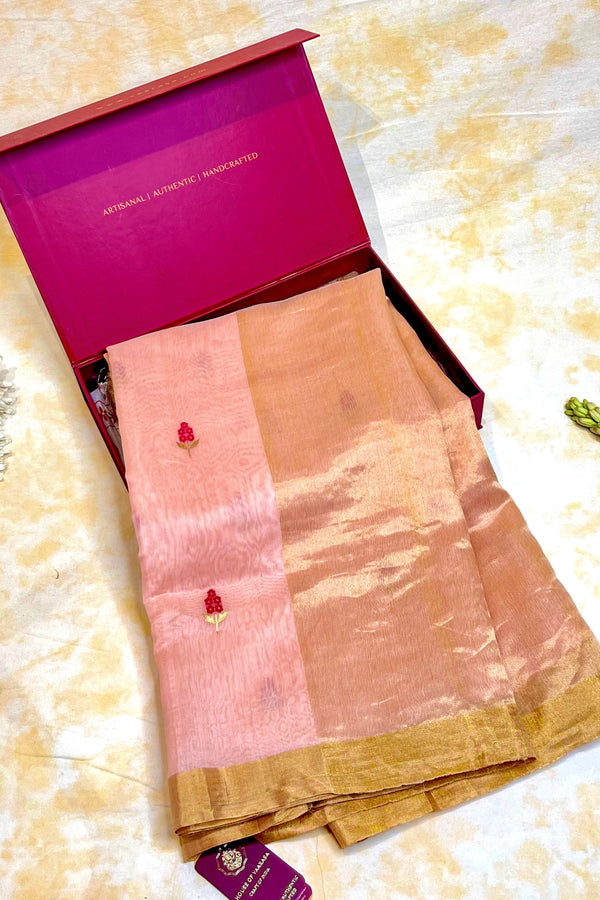 Handloom Silk Cotton Chanderi Saree - Marigold Buta - Peach