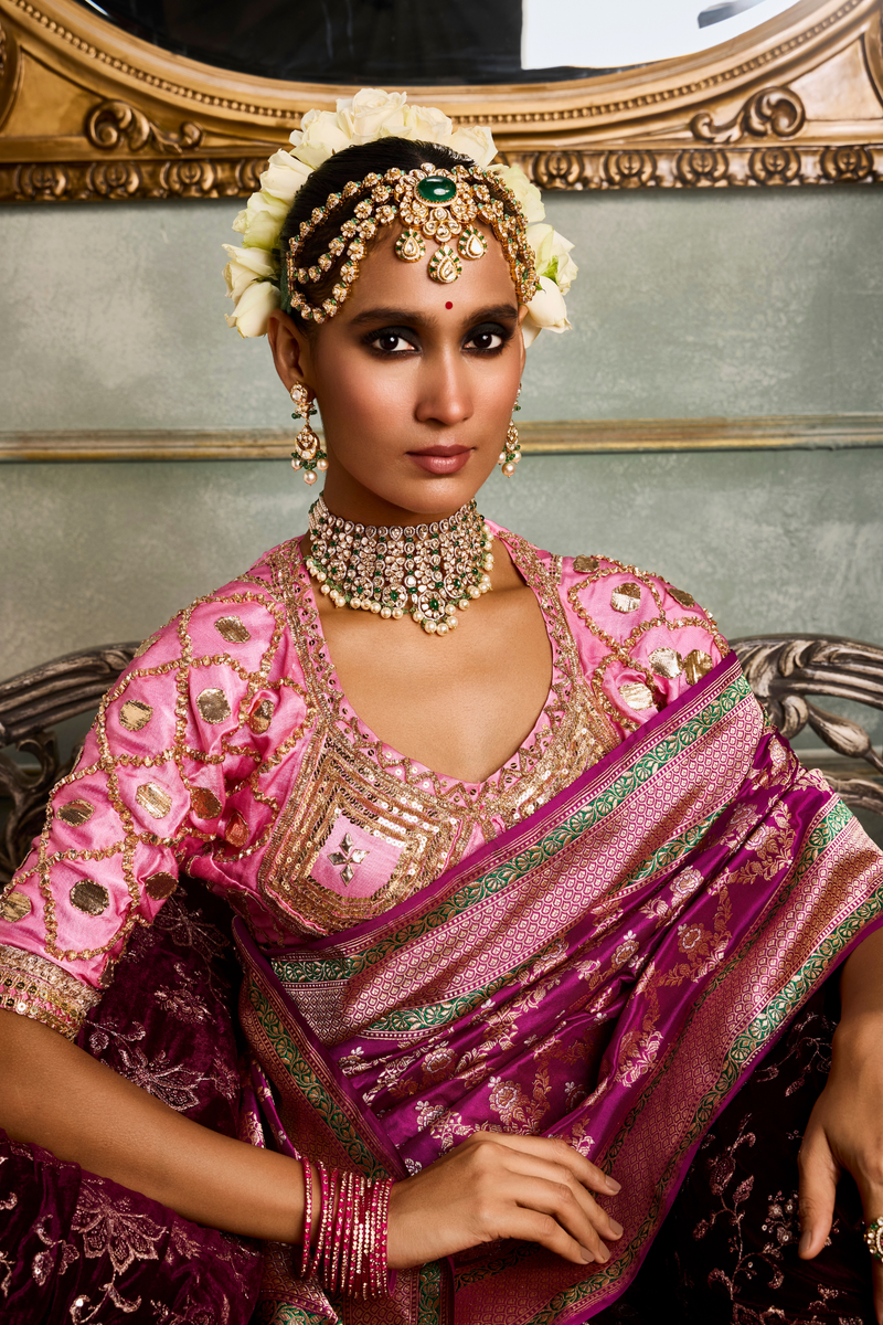 HOV Handloom Pure Zari Banarasi Katan Silk Saree - Jaangla - Purple Green All Over Design - 082